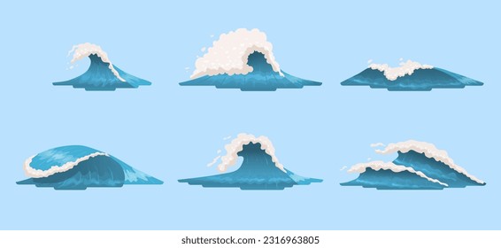 Sea waves set. Blue ocean surge with white foam for surfing. Colored water splash stickers for apps and website. Vacation and beach concept. Cartoon flat vector collection isolated on light background