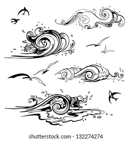 Sea waves set. Hand drawn vector illustration. Design element.