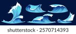 Sea waves set isolated on background. Vector cartoon illustration of blue water splashes with foam, surfing beach, tide, tsunami, stormy seascape, marine adventure game design elements, aqua vortex