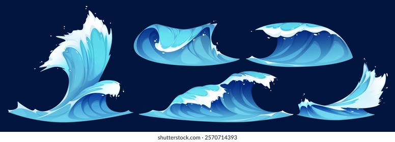 Sea waves set isolated on background. Vector cartoon illustration of blue water splashes with foam, surfing beach, tide, tsunami, stormy seascape, marine adventure game design elements, aqua vortex