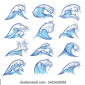 Sea waves set, sea and ocean water wave design. Abstract marine decoration. Vector waves cartoon illustration isolated on white background