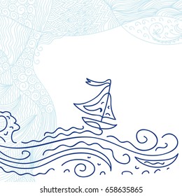 Sea waves and ship. Vector illustration.