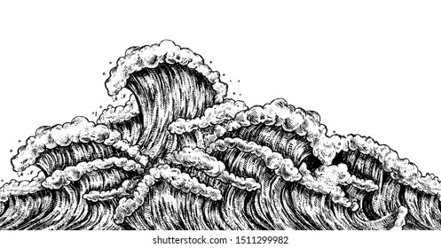 Sea waves sketch background isolated on white. Ocean surf wave hand drawn horizontal vector illustration. 