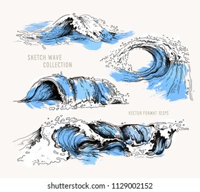 	
Sea waves. Sketch ocean waves. Vintage hand drawn ocean tidal storm waves isolated with blue texture for surfing and seascape, vector illustration