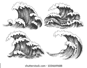 海波の手描きのスケッチ 海の波のスケッチ サーフィンと海岸のために手描きの海洋潮風波 ベクターイラスト のベクター画像素材 ロイヤリティフリー Shutterstock