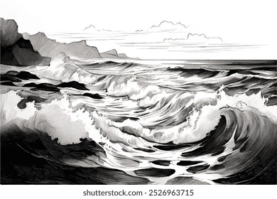 Esquema das ondas do mar. Ilustração de doodle desenhada à mão em onda oceânica. Ondas do mar preto e branco. Tempestade no mar ou oceano. Splash e redemoinho. Onda oceânica. Design de ilustração vetorial.	