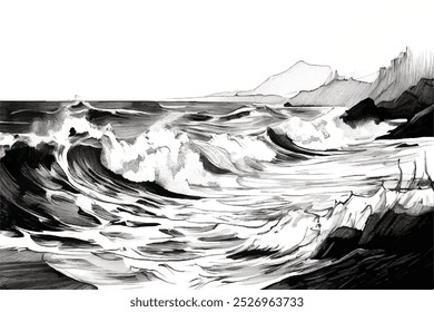 Sea waves sketch. Ocean wave hand drawn doodle illustration. Black and white sea waves. Storm on sea or ocean. Splash and swirl. Ocean wave. Vector illustration design.	