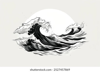 Sea waves sketch. Ocean wave hand drawn doodle illustration. Black and white sea waves. Storm on sea or ocean. Splash and swirl. Ocean wave. Vector illustration design.	