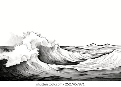 Esquema das ondas do mar. Ilustração de doodle desenhada à mão em onda oceânica. Ondas do mar preto e branco. Tempestade no mar ou oceano. Splash e redemoinho. Onda oceânica. Design de ilustração vetorial.	