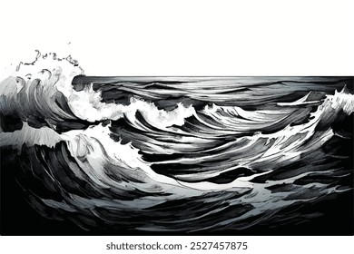 Esquema das ondas do mar. Ilustração de doodle desenhada à mão em onda oceânica. Ondas do mar preto e branco. Tempestade no mar ou oceano. Splash e redemoinho. Onda oceânica. Design de ilustração vetorial.	