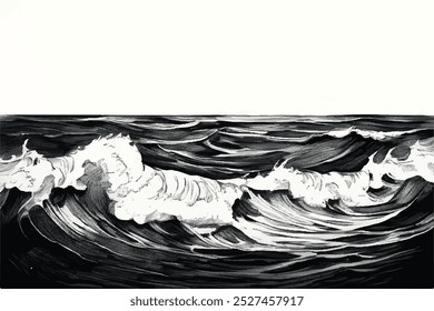 Sea waves sketch. Ocean wave hand drawn doodle illustration. Black and white sea waves. Storm on sea or ocean. Splash and swirl. Ocean wave. Vector illustration design.	