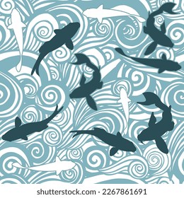 Sea waves sketch pattern and fish.. Ocean surf wave hand drawn seamless pattern vector illustration