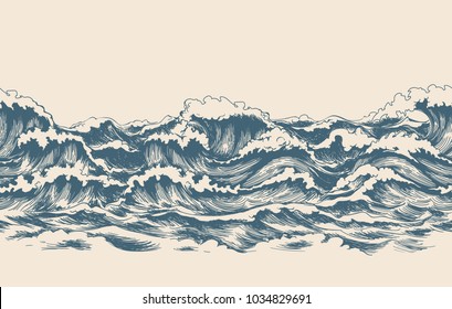 Sea waves sketch pattern. Ocean surf wave hand drawn horizontal seamless pattern vector illustration