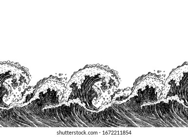 Patrón de boceto de ondas marinas. Ola de surf oceánica dibujada a mano horizontal. Ilustración vectorial. 
