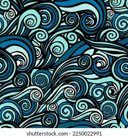 Patrón de boceto de ondas marinas. Ilustración vectorial de ondas de surf oceánicas dibujadas a mano