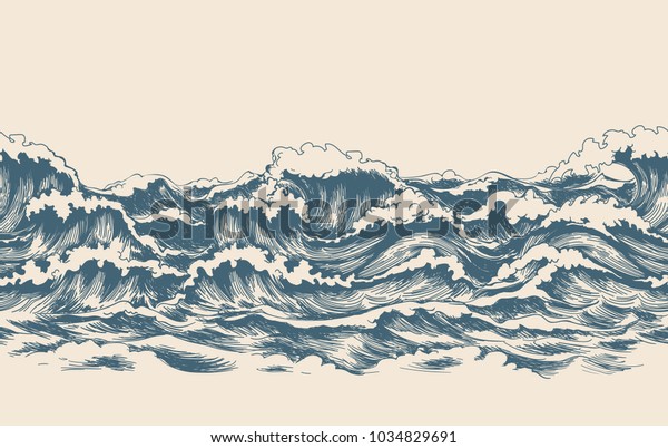 Sea waves sketch\
pattern. Ocean surf wave hand drawn horizontal seamless pattern\
vector illustration