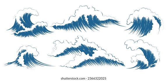 Skizze mit Meereswellen. Cartoon handgezeichnete Blue Sturm-Wave-Kollektion, Vintage-Gezeiten und Meeresstrandstürme windige Wetterkurven mit Schaumstoff einzelne Vektorgrafik