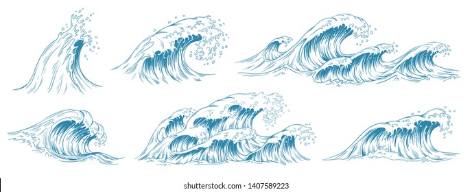 Sea waves sketch. Storm wave, vintage tide and ocean beach storms hand drawn vector illustration set
