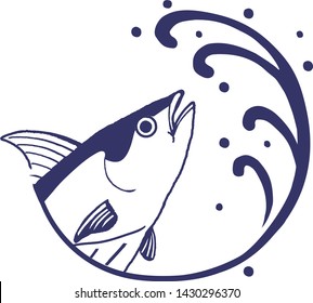 
Sea Waves and  and Skipjack tuna vector illustration on white background.