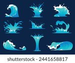 Sea waves and splashes. Cartoon blue water fountains and blowout. Aqua surges. White foam. Natural phenomenon. Ocean tsunami. Marine storm. Splashing drops. Game elements