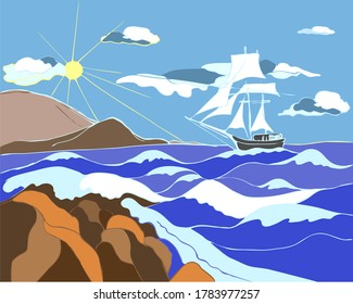 sea, waves, stones, the ship sails, the sun is shining