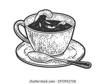 Sea waves storm in cup of tea or coffee sketch engraving vector illustration. T-shirt apparel print design. Scratch board imitation. Black and white hand drawn image.