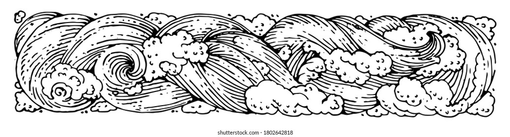 Sea waves in a storm. Outline hand drawing. Isolated vector object on white background. Retro style.