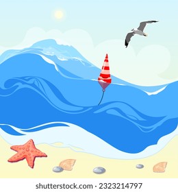 Sea waves with a striped buoy and a flying seagull against the background of clouds under the bright sun. On the beach, a starfish with shells. Abstract stylization. Vector illustration.