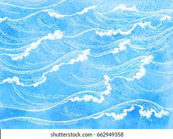 Sea waves. Summer watercolor background. Hand drawn vector illustration.