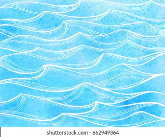 Sea waves. Summer watercolor background. Hand drawn vector illustration.