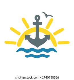Sea waves, sun, anchor. Hand made vector color logo or banner for vacation, travel concept.
