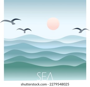 sea with waves sun and birds. Vector illustration seascape. ocean