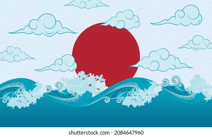 Olas marinas, sol y nubes de estilo asiático. Olas marinas, sol y nubes de estilo asiático. Resumen del arte japonés. El paisaje marino con grandes olas.