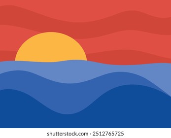 Mar, olas y sol en el cielo rojo. Atardecer, amanecer. Ilustración vectorial