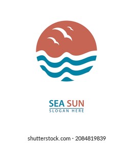 sea waves sun and seagulls tourist logo icon elements. vector flat abstract design.