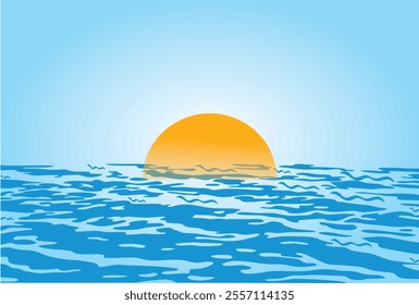 Sea waves and sun. Sunlight shining ,the surface blue ocean, sea waves , with clean waters in summer time. Editable vector, eps 10. Holidays and vacation marketing promotional designing poster, banner