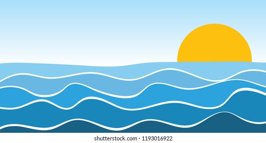 Sea waves and sun. Vector illustration of sea landscape background. Vector illustration.