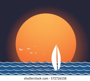 Sea waves at sunset, vector illustration 