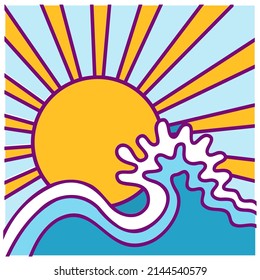 Sea waves and sunshine vector abstract seascape. Vector yellow sun and ocean big wave summer poster