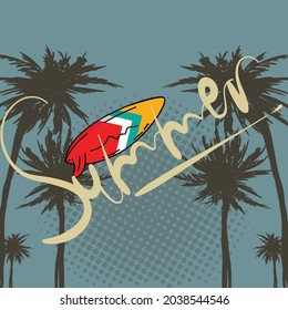 Sea waves surfboard  oriental vintage style summer design Vector  Available vector format palm tree pop art background.
