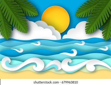 Sea waves and tropical beach in paper art style. Travel concept vector illustration. Summer vacation poster in paper cut design.