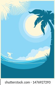 Sea waves tropical island. Vector blue landscape background for text