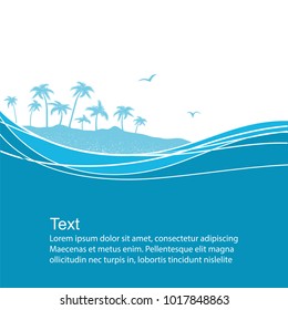 Sea waves and tropical island.Blue vector background for text