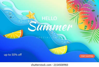 Sea waves and tropical leaves in paper art style. Poster with summer holidays in paper design. Vector illustration.