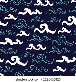Sea Waves Vector Seamless pattern. Hand drawn Doodle Wave. Cartoon Sea or Ocean Dark Blue Background