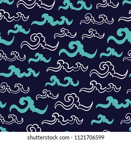 Sea Waves Vector Seamless pattern. Hand drawn Doodle Wave. Cartoon Sea or Ocean Dark Blue Background