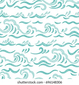 Sea Waves Vector Seamless pattern. Hand drawn Doodle Blue Wave. Cartoon Sea or Ocean Background
