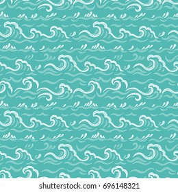 Sea Waves Vector Seamless pattern. Hand drawn Doodle Wave. Cartoon Sea or Ocean Blue Background