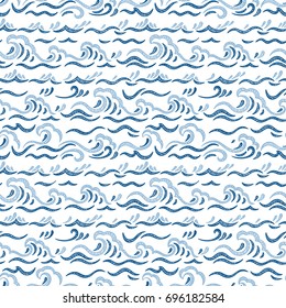 Sea Waves Vector Seamless pattern. Hand drawn Doodle Blue Wave. Cartoon Sea or Ocean Background