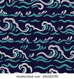 Sea Waves Vector Seamless Pattern. Hand Drawn Doodle Wave. Cartoon Sea Or Ocean Dark Blue Background